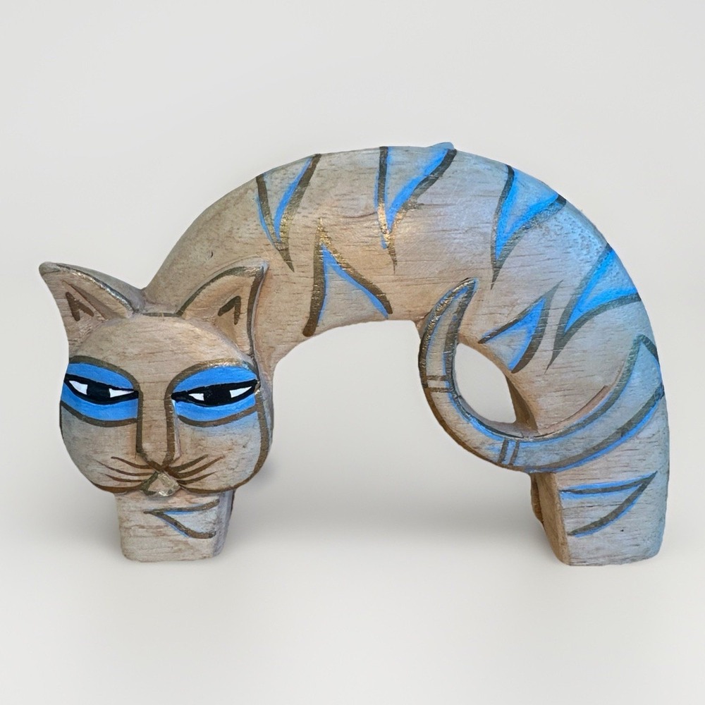 Laurel Burch Hand Carved Arched Wooden Cat Statue Figurine Gold Blue Stripes
